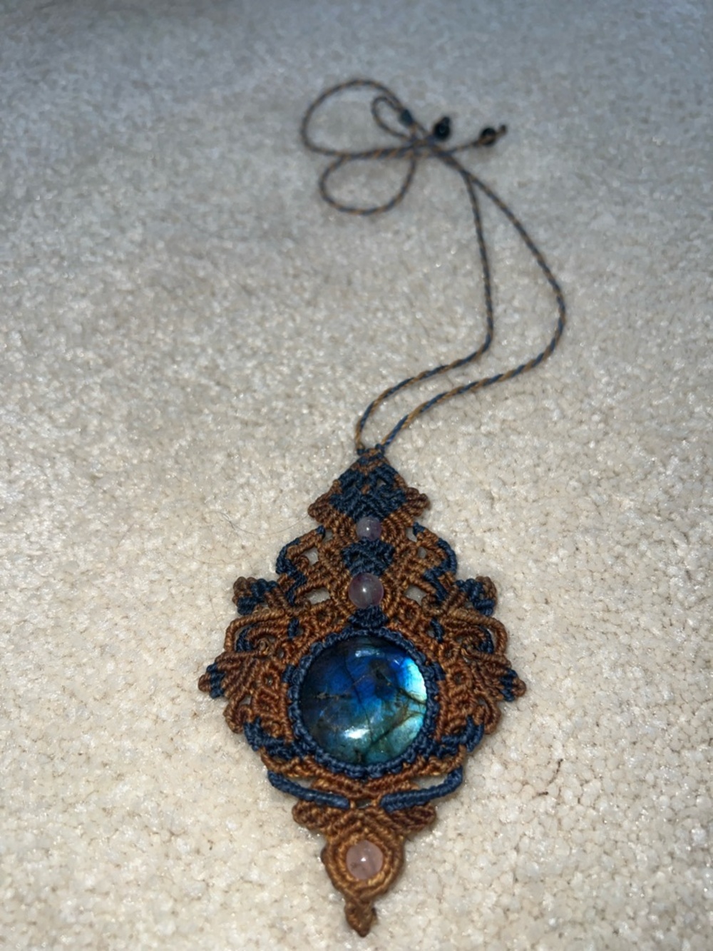 Handmade Blue Labradorite Necklace w/ Brown/blue Macramé and Rose Quartz Beads